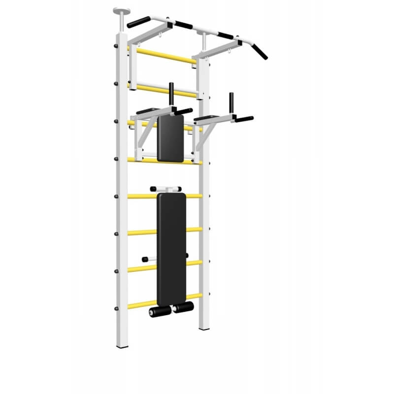 Шведская стенка враспор, без крепления к стене, с турником стандарт, брусьями и скамьёй (SV Sport враспор ТстБС)