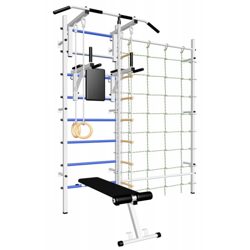 Шведская стенка с турником стандарт, брусьями, скамьёй, детское навесное и канатный лаз (SV Sport 511)