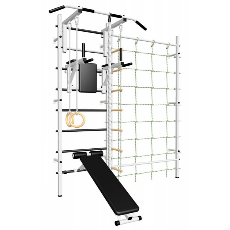 Шведская стенка усиленная с турником стандарт, брусьями, скамьёй, детское навесное и канатный лаз (SV Sport 611)