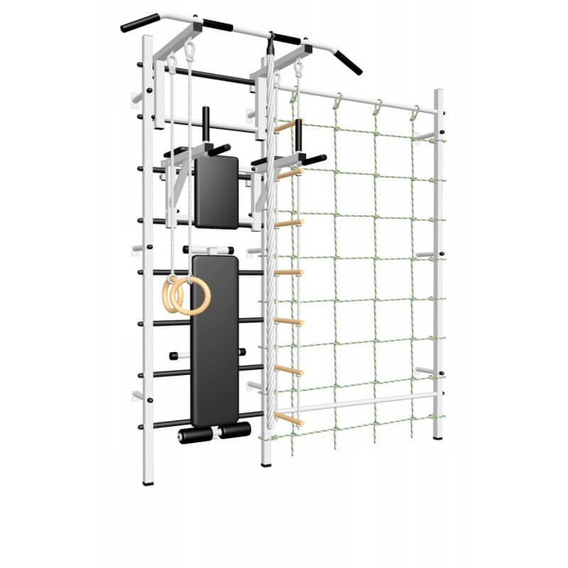 Шведская стенка усиленная с турником стандарт, брусьями, скамьёй, детское навесное и канатный лаз (SV Sport 611)