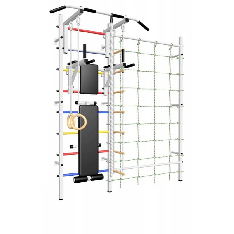 Шведская стенка усиленная с турником стандарт, брусьями, скамьёй, детское навесное и канатный лаз (SV Sport 611)