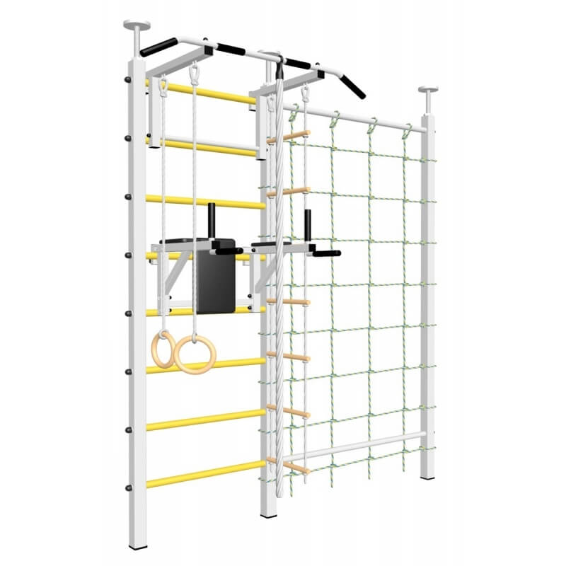 Шведская стенка враспор, без крепления к стене, с турником стандарт, брусьями, канатным лазом и детское навесное (SV Sport враспор ТстБДК)