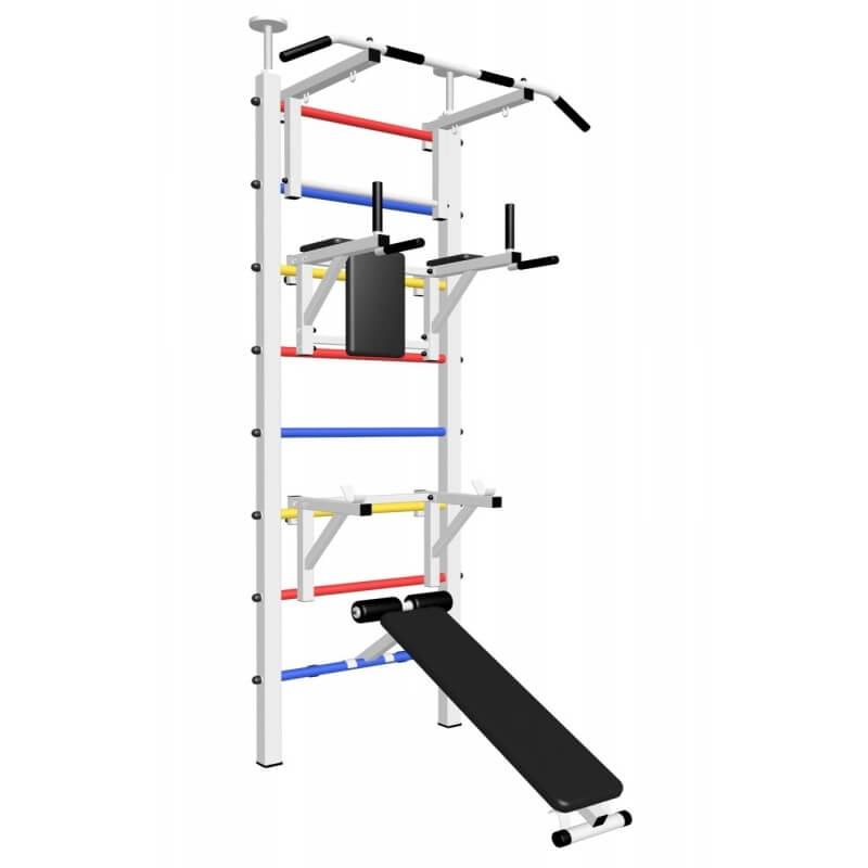 Шведская стенка враспор, без крепления к стене, с турником стандарт, брусьями, скамьёй и стойкой под штангу (SV Sport враспор ТстБСШ)