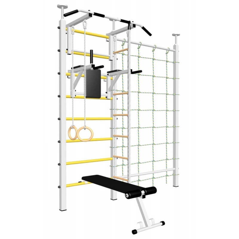Шведская стенка враспор, без крепления к стене, с турником стандарт, брусьями, скамьёй, канатным лазом и детское навесное (SV Sport враспор ТстБСДК)