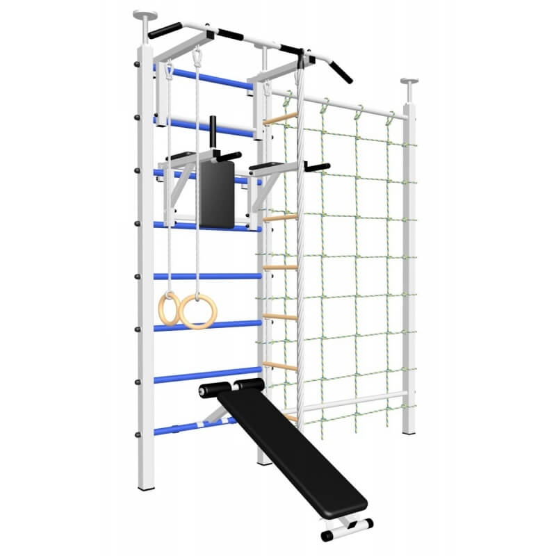 Шведская стенка враспор, без крепления к стене, с турником стандарт, брусьями, скамьёй, канатным лазом и детское навесное (SV Sport враспор ТстБСДК)