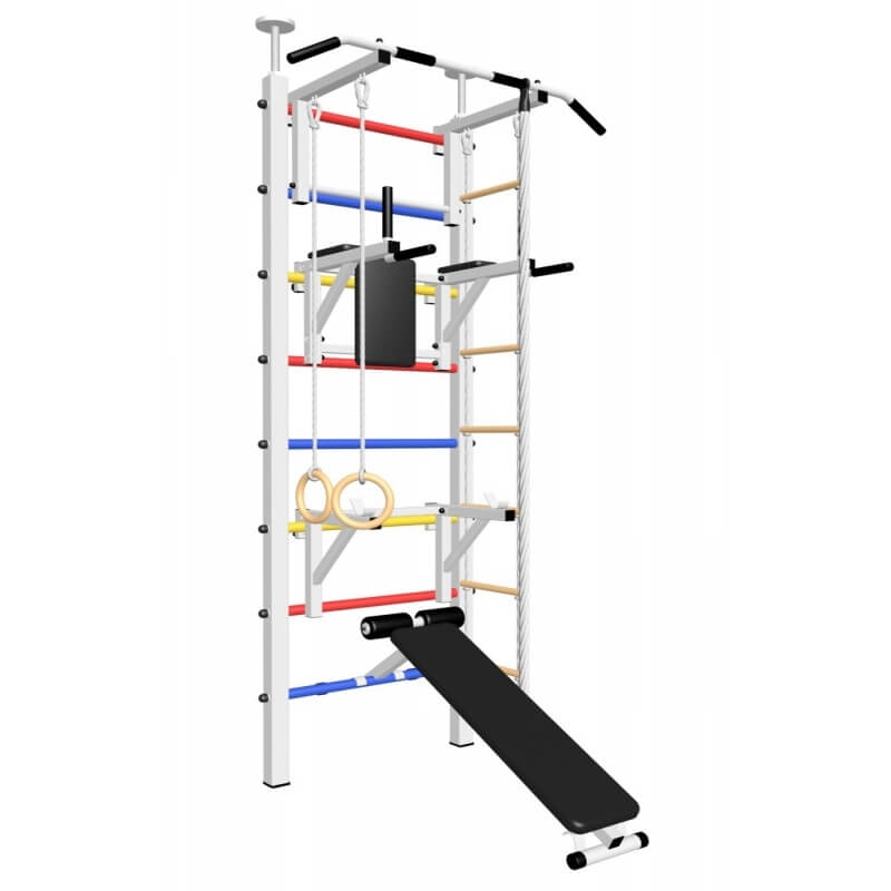 Шведская стенка враспор, без крепления к стене, с турником стандарт, брусьями, скамьёй, стойкой под штангу и детское навесное (SV Sport враспор ТстБСДШ)