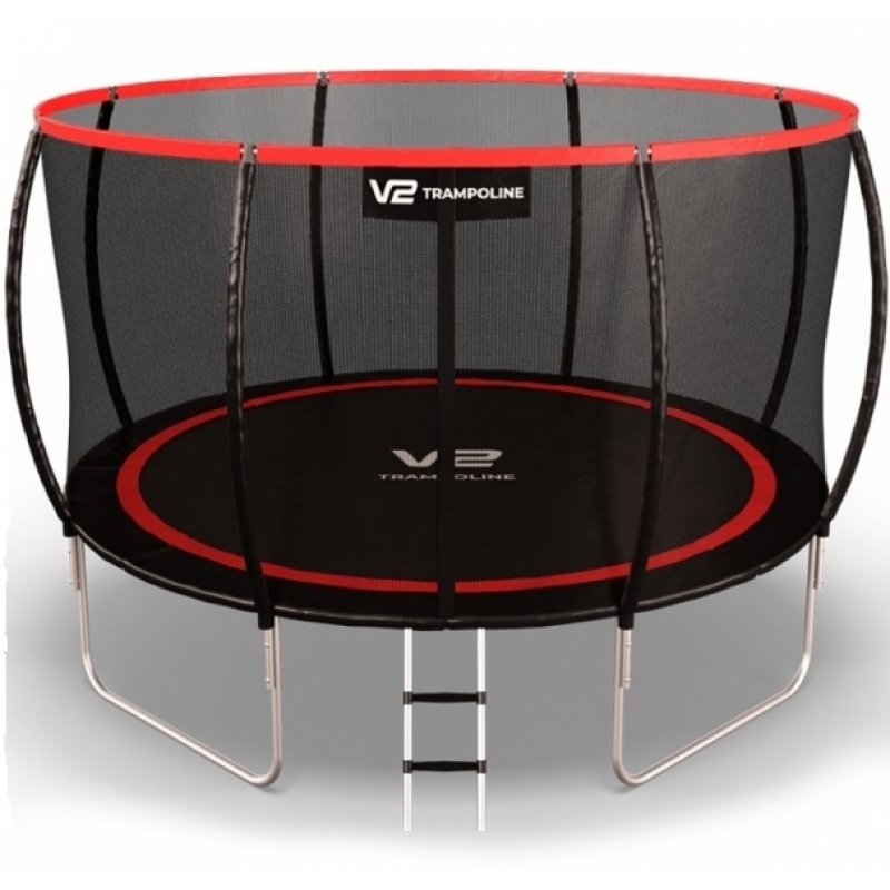 Батут "V2 Trampoline" Redline (12ft) с внешней сеткой и лестницей. Диаметр - 374 см. Нагрузка - 180 кг.