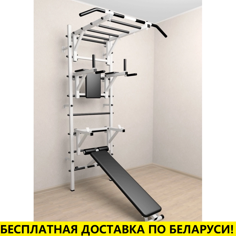 Шведская стенка усиленная с турником рукоходом, брусьями, скамьёй и стойкой под штангу (SV Sport 626)