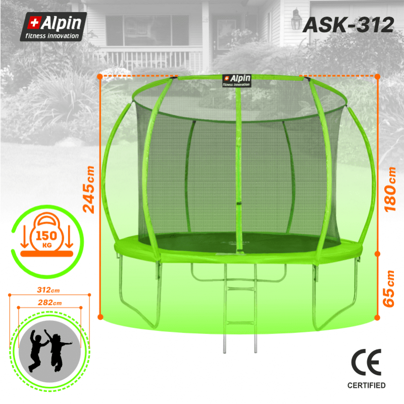 Батут "Alpin SKY Carbon" (10ft) с внутренней сеткой и лестницей. Диаметр - 312 см. Нагрузка - 150 кг.