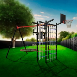 Уличный спортивно-игровой комплекс Sv Sport + качели - гнездо "Grad" + турник + брусья + детское навесное + сетка + кронштейн + щит баскет. + подвесы 1пара (У3403К)