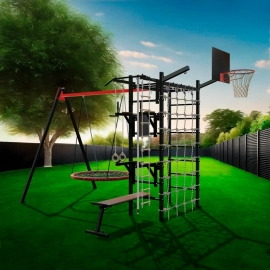 Уличный спортивно-игровой комплекс Sv Sport + качели - гнездо "Grad" + турник + брусья + скамья + стойка + детское навесное + кронштейн + щит баскет. + сетка + подвесы 1пара (У3443К)