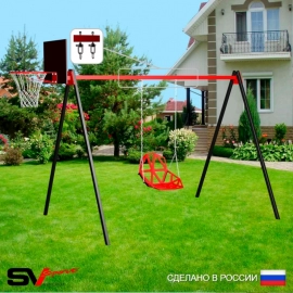 Уличные качели Sv Sport рама 3.0м + качели пластиковые со спинкой + щит баскет. + подвесы 1пара (УК167К)