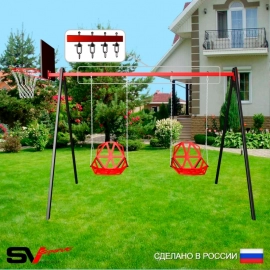Уличные качели Sv Sport рама 3.0м + качели пластиковые со спинкой 2шт + щит баскет. + подвесы 2пары (УК168К)
