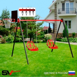 Уличные качели Sv Sport рама 3.0м + качели пластиковые со спинкой 2шт + щит баскет. + подвесы 2пары (УК168К)