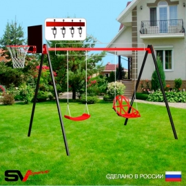 Уличные качели Sv Sport рама 3.0м + качели пластиковые со спинкой + качели Лодочка + щит баскет. + подвесы 2пары (УК169К)