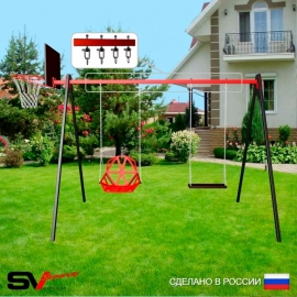Уличные качели Sv Sport рама 3.0м + качели пластиковые со спинкой + качель деревянная + щит баскет. + подвесы 2пары (УК174К)