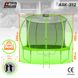 Батут "Alpin SKY Carbon" (10ft) с внутренней сеткой и лестницей. Диаметр - 312 см. Нагрузка - 150 кг.